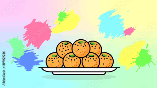 A plate of delicious orange-colored sweet balls, possibly Indian sweets, with colorful background.