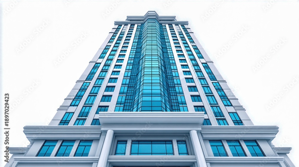 Naklejka premium Modern skyscraper with reflective blue glass facade seen from below against a white sky