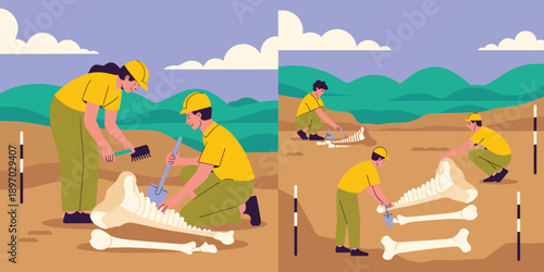 Two Anthropologists Carefully Excavating Ancient Dinosaur Fossil Remains at Archaeological Dig Site Paleontology Research Illustration Depicting Discovery Excavation and Scientific Study in Natural Hi