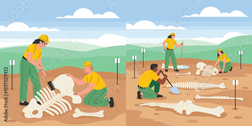 Archaeologists excavating dinosaur fossil skeleton bones from prehistoric era dig site with tools for paleontology research and discovery in natural history science education and museum exhibit illust