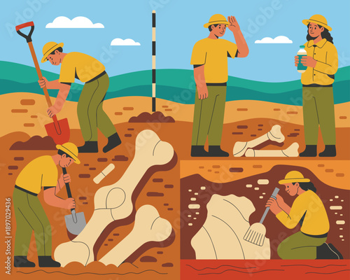 Paleontologists Digging Up Dinosaur Bones Fossil Remains Archeological Excavation Site Illustration Paleontology Team Working Together Unearthing Ancient History Educational Science Project for Museum