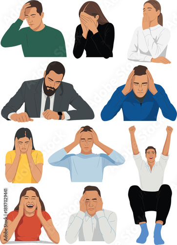 Diverse group of people experiencing varied emotions and mental states illustration expressing stress sadness excitement and contemplation for mental health awareness campaigns business solutions pres
