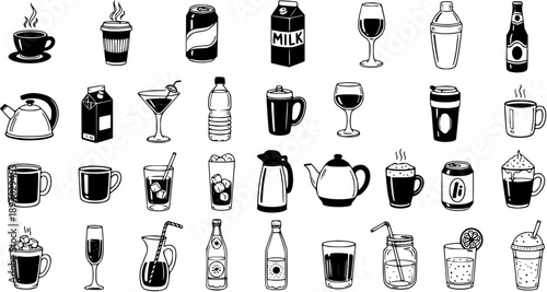 Black and White Line Art Beverage Icons Set - Assortment of Drinks and Containers for Food and Drink Industry