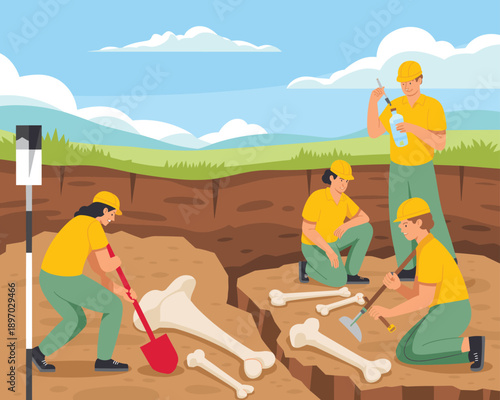 Archaeology dig site with team of paleontologists excavating fossil bones from prehistoric animals history science research with shovel pick and brush tools for museum education paleontology study pal
