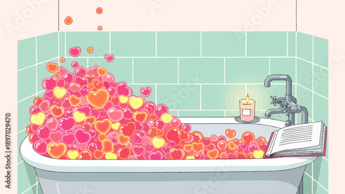 Bathtub overflowing with heart-shaped bubbles, book, and candle.