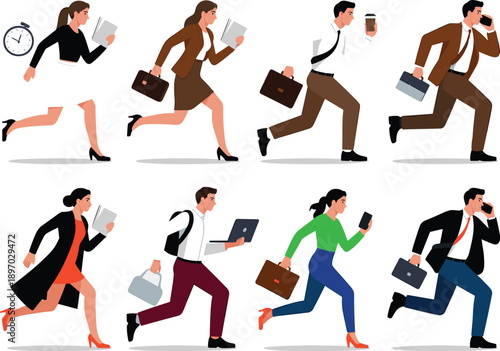 Diverse business people running in hurry late for work with briefcase laptop phone documents multitasking in corporate job modern professional employees illustration for busy office lifestyle time man