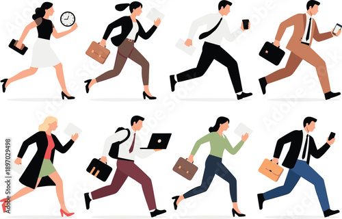 Diverse business people running fast in professional attire late for meeting deadline with briefcase and documents vector illustration for corporate projects teamwork urgent schedule and time manageme