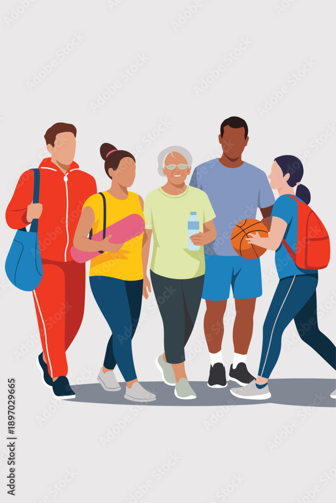 Obraz premium Diverse group of people walking together for healthy lifestyle and fitness concept vector illustration of active senior woman with water bottle and young adult athlete with yoga mat for wellness promo