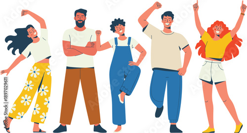 Diverse group of young people celebrating success and cheering together in modern flat vector illustration of teamwork collaboration and community support for social media marketing advertising and bu