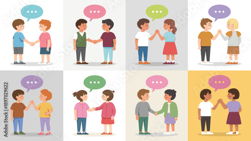 Diverse cartoon children shaking hands with speech bubbles illustration for school education programs promoting friendship collaboration communication multicultural community teamwork learning and dev