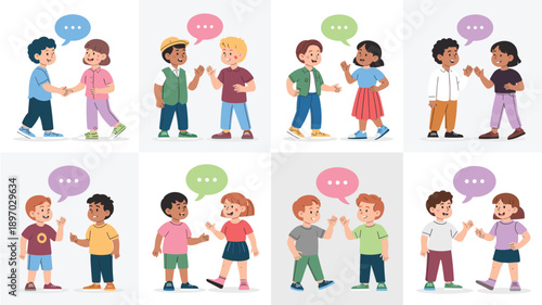 Diverse group of children communicating with speech bubbles illustration vector cartoon style happy kids talking together communication and education concept for social media posts and educational pre