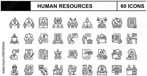 Human Resources Icon Set: Recruitment, Interviews, Teamwork, Training, Evaluation, Documentation, Collaboration, Black and White, Minimalist Style, Workplace and HR Function Illustration