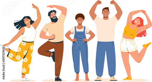 Diverse group of young people celebrating success and happiness in modern lifestyle flat vector illustration for teamwork and community involvement concept joyful and energetic characters showing posi