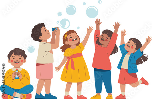 Diverse group of happy children playing with soap bubbles outdoors cartoon vector illustration of joyful kids blowing bubbles having fun together childhood friendship concept for educational content a