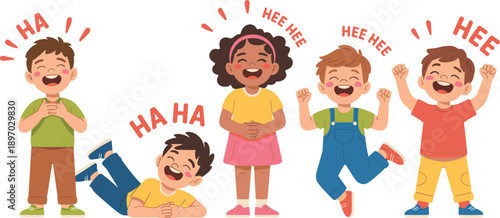 Happy diverse children laughing together with joy and excitement illustration of playful elementary school kids enjoying fun activities childhood happiness concept for educational resources social med