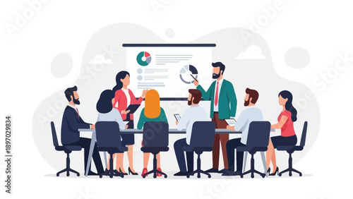 Business meeting presentation with diverse team around table and digital screen