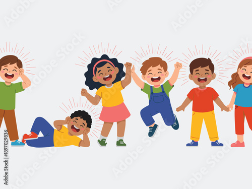 Diverse group of happy cartoon children laughing and playing together joyful kids having fun friendship and togetherness concept positive emotions and childhood memories for school education and famil
