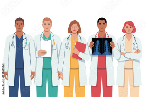 Diverse team of doctors and nurses in white coats standing together professional healthcare providers holding x-ray clipboard medical staff collaboration for hospital advertising health care industry