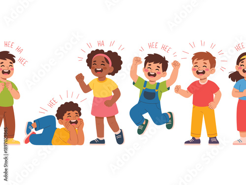 Diverse group of laughing children having fun together in playful scene joyful kids expressing happiness and amusement in vibrant colors cartoon style illustration for childhood education and children
