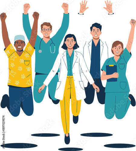 Diverse medical team jumping for joy celebrating success in modern hospital cheerful doctors and nurses in scrubs expressing happiness for healthcare achievements wellness victory for marketing advert