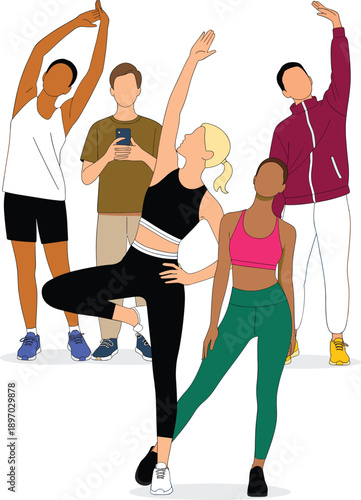 Diverse athletic group exercising stretching in fitness class with yoga poses wellness concept strong and healthy lifestyle people training together for gym membership or health program physical activ