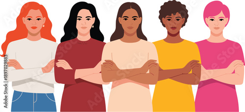 Diverse group of empowered women standing together with arms crossed for International Women's Day or women's rights movement illustration for social justice equality advocacy campaign visual content