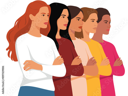 Diverse group of confident women standing together with arms crossed in solidarity for women's rights and empowerment illustration for social justice campaigns and gender equality advocacy promoting d
