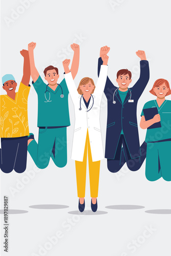 Diverse medical team jumping celebrating success in hospital professional healthcare providers doctors nurses cheerful teamwork victory concept for clinic advertising health awareness campaign and med