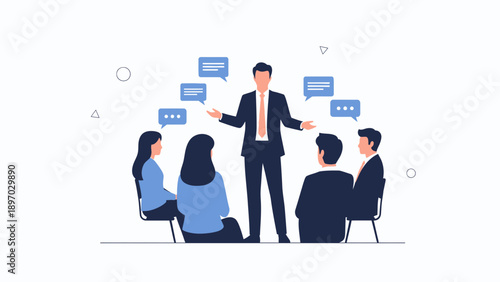 Business Meeting: Speaker Addressing Group in Modern Office