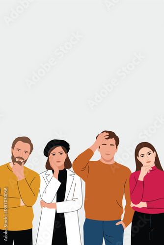 Diverse group of thinking people character illustration contemplating problem solving solution brainstorming in office meeting for business strategy marketing presentation teamwork collaboration innov