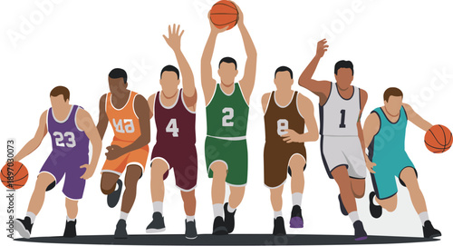 Diverse basketball team training running with basketballs vector illustration energetic athletes sports team in athletic gear for fitness motivation and competitive spirit in sports advertising and te