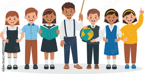 Diverse cheerful elementary school students standing together in classroom holding books and world globe for back to school education learning studying knowledge success and childhood development in m