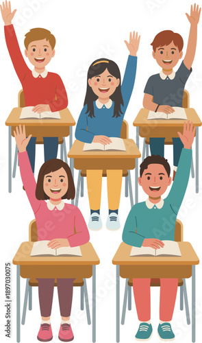 Enthusiastic students raising hands in classroom desks answering question during lesson in school cheerful pupils participating actively in class education learning knowledge academic success vector i