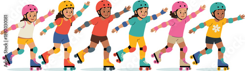Diverse group of cartoon children roller skating together in colorful protective gear active kids having fun exercising outdoor recreation healthy lifestyle vector illustration for summer camp educati