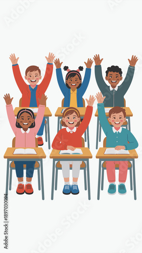 Diverse elementary school students raising hands in classroom for lesson participation happy multiracial children answering questions sitting at desks in modern school education learning environment f