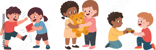 Diverse group of cartoon kids playing together sharing toys joyful children interacting positive childhood friends relationship illustration for social skills development early education learning game