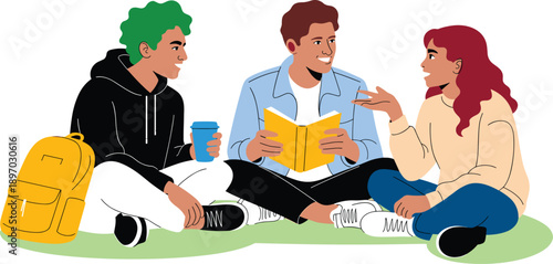 Diverse college students studying together outdoors on campus lawn casual group project collaboration and brainstorming for university education learning teamwork and communication in higher education