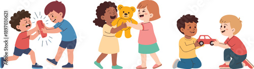 Diverse group of cartoon children playing fighting sharing toys happy smiling kids interacting cute friendship illustration for elementary school education learning positive behavior child development