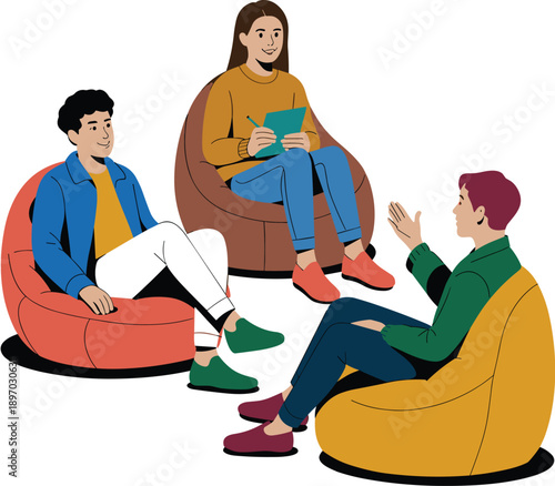 Diverse group of young people in casual clothes having a discussion while sitting on colorful beanbag chairs in a relaxed modern office space collaboration for creative team brainstorming session team