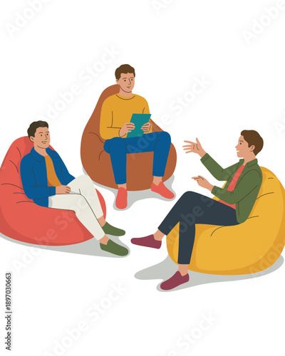 Diverse group of young professionals collaborating in modern office beanbag setting brainstorming creative ideas teamwork communication startup company employees in informal meeting relaxed casual dis