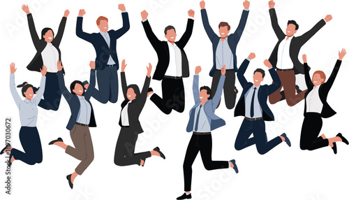 Diverse group of business people jumping for joy in modern office celebrating success teamwork and collaboration professional corporate team achievement employee appreciation for marketing advertising