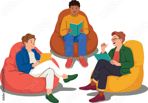 Diverse group of young adults reading books in beanbag chairs enjoying leisure time in comfortable setting book club gathering for educational reading hobby illustration promoting literacy and knowled