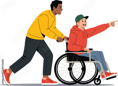 Smiling man pushing young disabled person in wheelchair pointing forward assistance and support illustration friendship and care in inclusive environment disability awareness for healthcare and commun