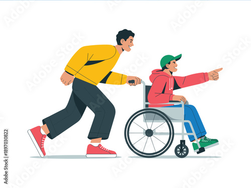 Smiling man pushing young boy in wheelchair pointing forward illustration disability awareness inclusion support healthcare accessibility mobility assistance volunteer community service for medical ad