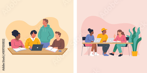 Diverse university students collaborating on laptops in classroom for project assignment academic teamwork studying together education concept in modern learning environment for website banner or educ