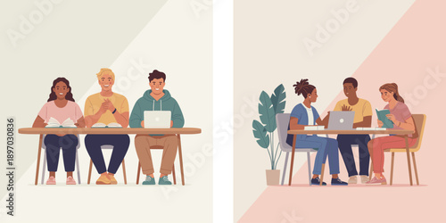 Diverse young adult students studying together at desk with books and laptop computer in modern minimalist workspace university college education learning teamwork collaboration concept for presentati