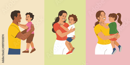 Happy diverse family portrait illustration of father mother and children cartoon characters embracing with love affection and happiness for parenting support family values and childhood development in