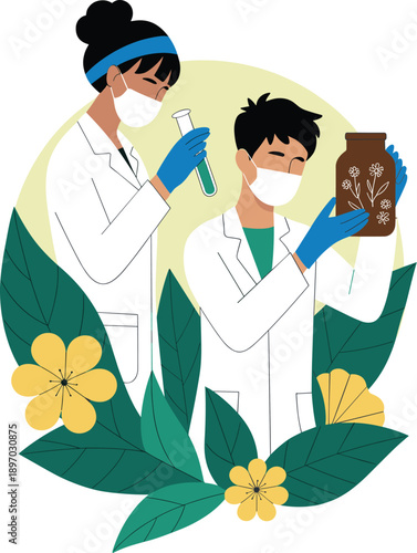Medical researchers in lab coats analyzing organic plant samples in laboratory environment for pharmaceutical research herbal medicine natural skincare product development science and healthcare indus