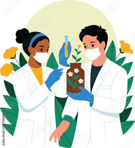 Diverse scientists in lab coats researching plant growth in laboratory setting biotechnology pharmaceutical research and development for botanical studies agriculture science modern medicine concept