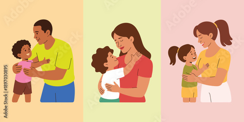 Diverse loving family mother father and child embracing in warm affectionate hug expressing love and connection parental bonding and childhood development illustration for family healthcare and parent